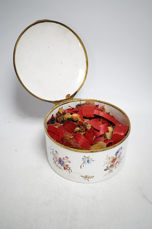 A French 19th century enamel on copper trinket box, 16cm diameter. Condition - poor to fair